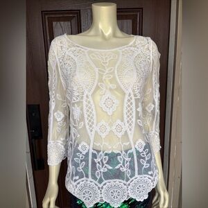 Womens L White Lace Mesh Embroidered Boho Floral Sheer Vintage Romantic Coquette